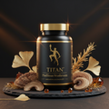 Black TITAN Phellinus Mushroom bottle with gold cap, logo, and text, surrounded by mushrooms, gold leaves, and gems.
