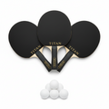 Three black Titan table tennis paddles with wooden handles and gold branding, plus a pyramid of six white ping pong balls.