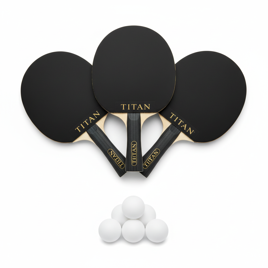 Three black Titan table tennis paddles with wooden handles and gold branding, plus a pyramid of six white ping pong balls.