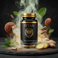 Titan Poria Mushroom supplement bottle with gold lion logo, steam, ginger root, mint leaves, and capsules.
