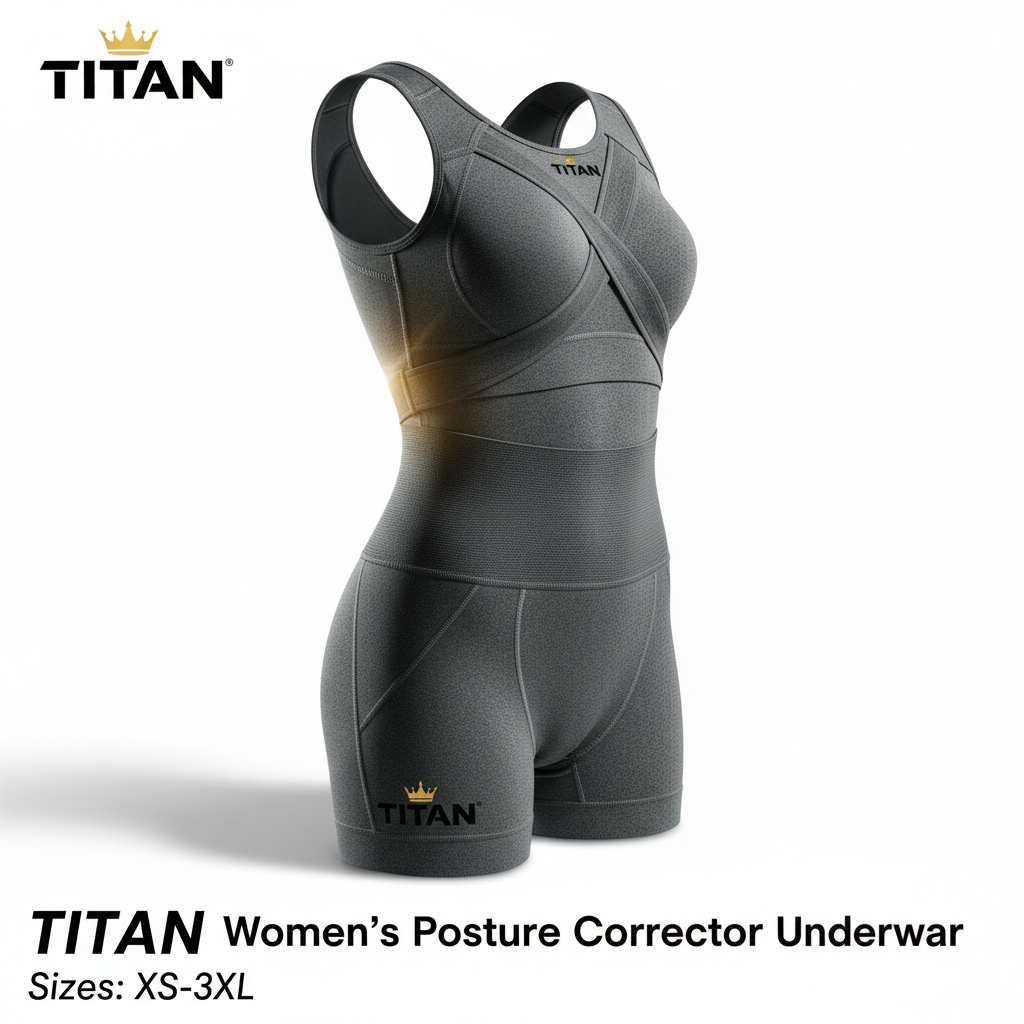 TITAN gray women's posture corrector bodysuit with crisscross chest support, wide waistband, and branded short legs.