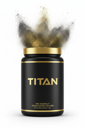 Matte black TITAN pre-workout tub with gold accents and lid, featuring an explosive cloud of dark and gold powder.