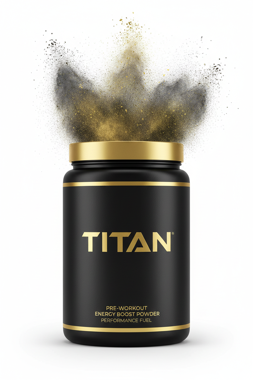 Matte black TITAN pre-workout tub with gold accents and lid, featuring an explosive cloud of dark and gold powder.