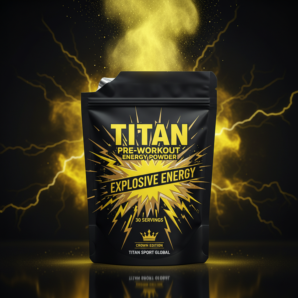 Black pouch of TITAN Pre-Workout Energy Powder with bold yellow lightning graphics, text, and crown logo on black.