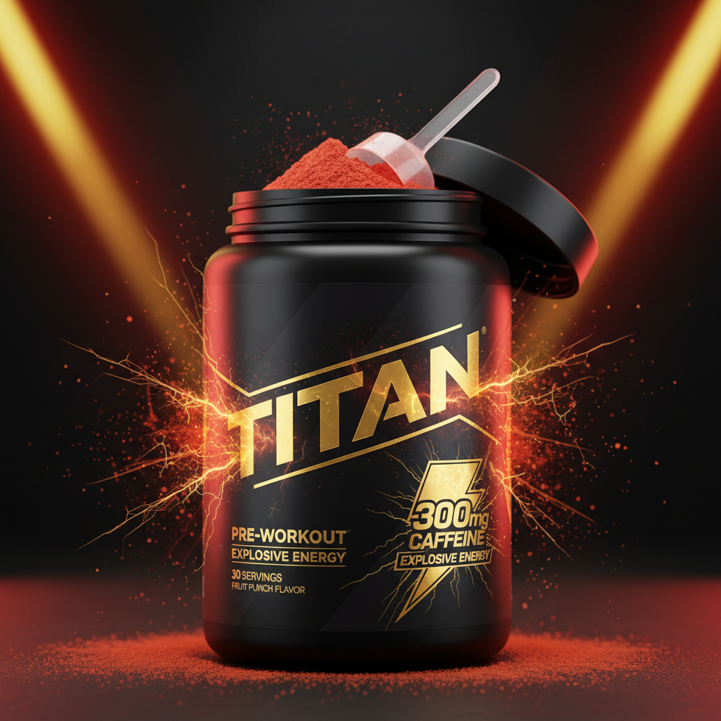 Black TITAN pre-workout tub with golden text, lightning graphics, open lid, scoop, and red powder on dark background.