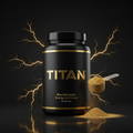 Black tub of TITAN Pre-Workout with gold text, surrounded by lightning effects, with a scoop of powder and pile below.