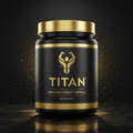 Black tub of TITAN Pre-Workout with gold lid, logo, and Greek key border on a dark, reflective surface with gold dust.