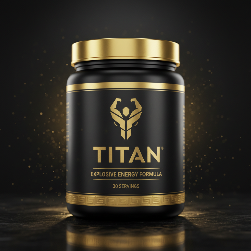 Black tub of TITAN Pre-Workout with gold lid, logo, and Greek key border on a dark, reflective surface with gold dust.