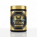TITAN Pre-Workout black and gold tub featuring a roaring lion logo, lightning, and molecular graphics.