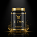 Black tub of TITAN Pre-Workout with a gold lid, logo, and text, surrounded by glowing golden mist on a black base.