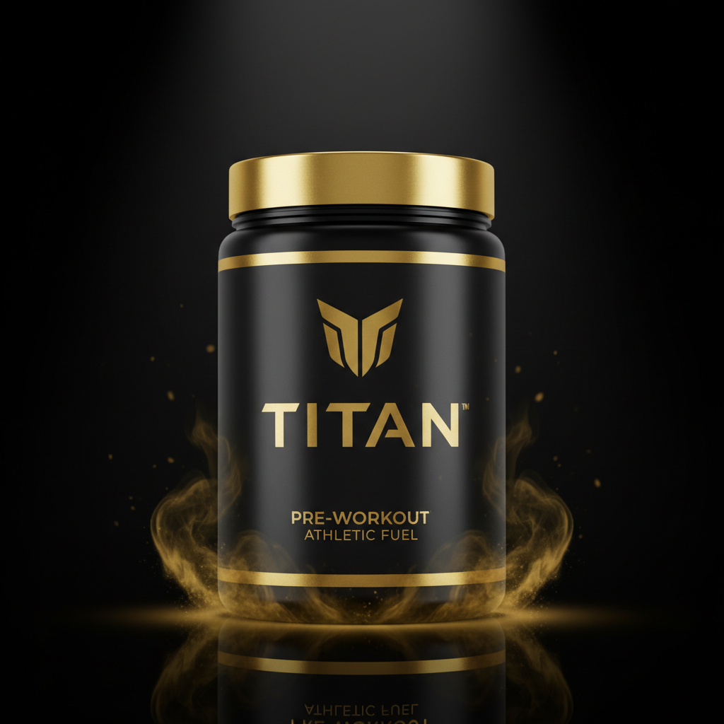 Black tub of TITAN Pre-Workout with a gold lid, logo, and text, surrounded by glowing golden mist on a black base.