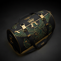 Black gym duffel with gold hardware, green phoenix graphic, crown emblem, and TITAN SPORT GLOBAL shoulder strap pad.