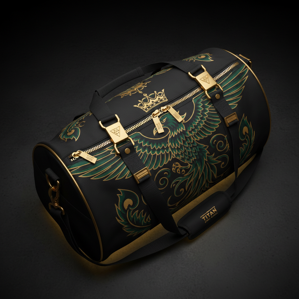 Black gym duffel with gold hardware, green phoenix graphic, crown emblem, and TITAN SPORT GLOBAL shoulder strap pad.
