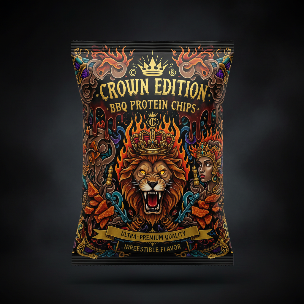 Black Titan Crown Edition BBQ Protein Chips bag with a roaring lion, fiery ornate details, and gold crown graphics.