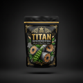 Black stand-up pouch of TITAN Protein Synthesis Optimizer with gold ornate trim, crown logo, and green pea graphics.