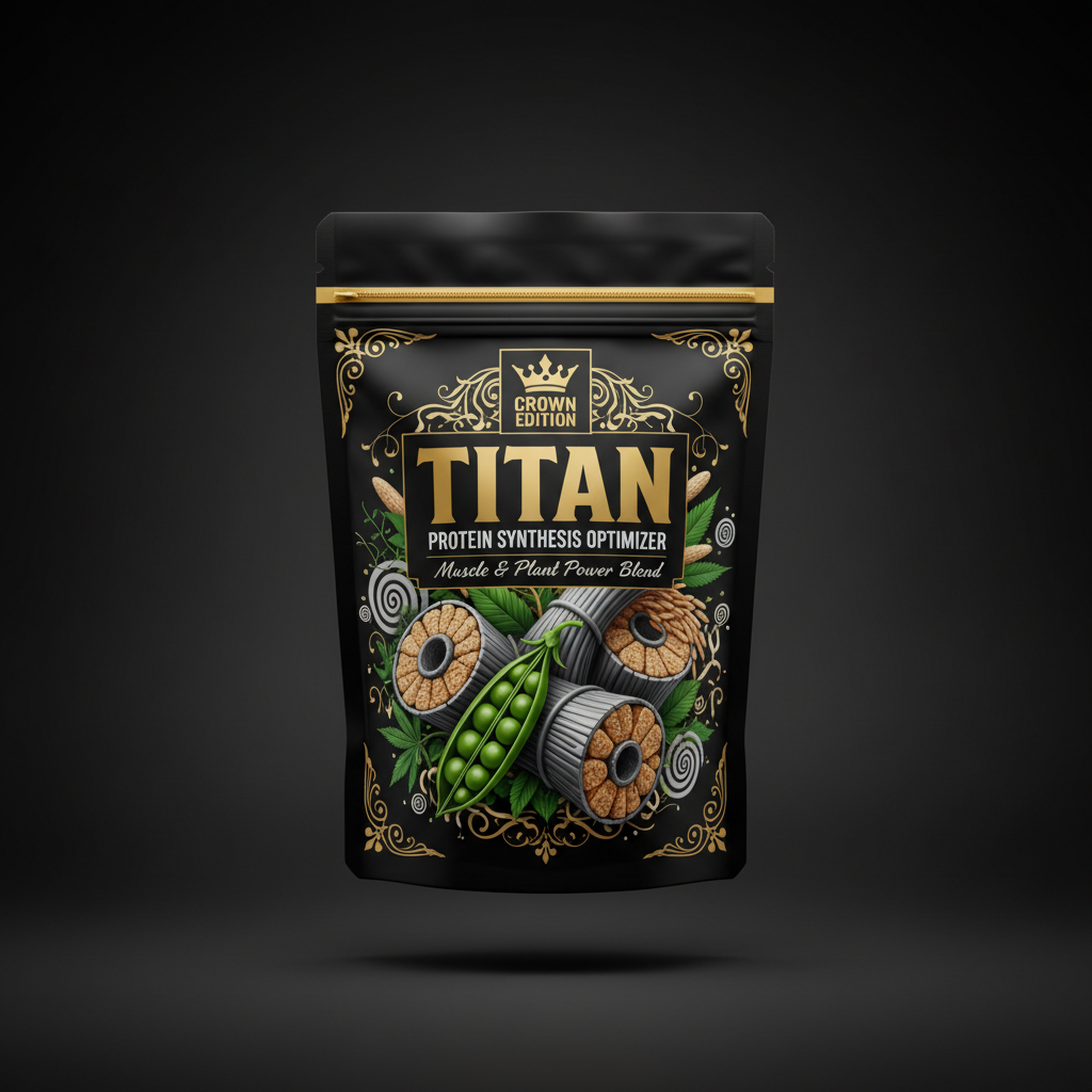 Black stand-up pouch of TITAN Protein Synthesis Optimizer with gold ornate trim, crown logo, and green pea graphics.