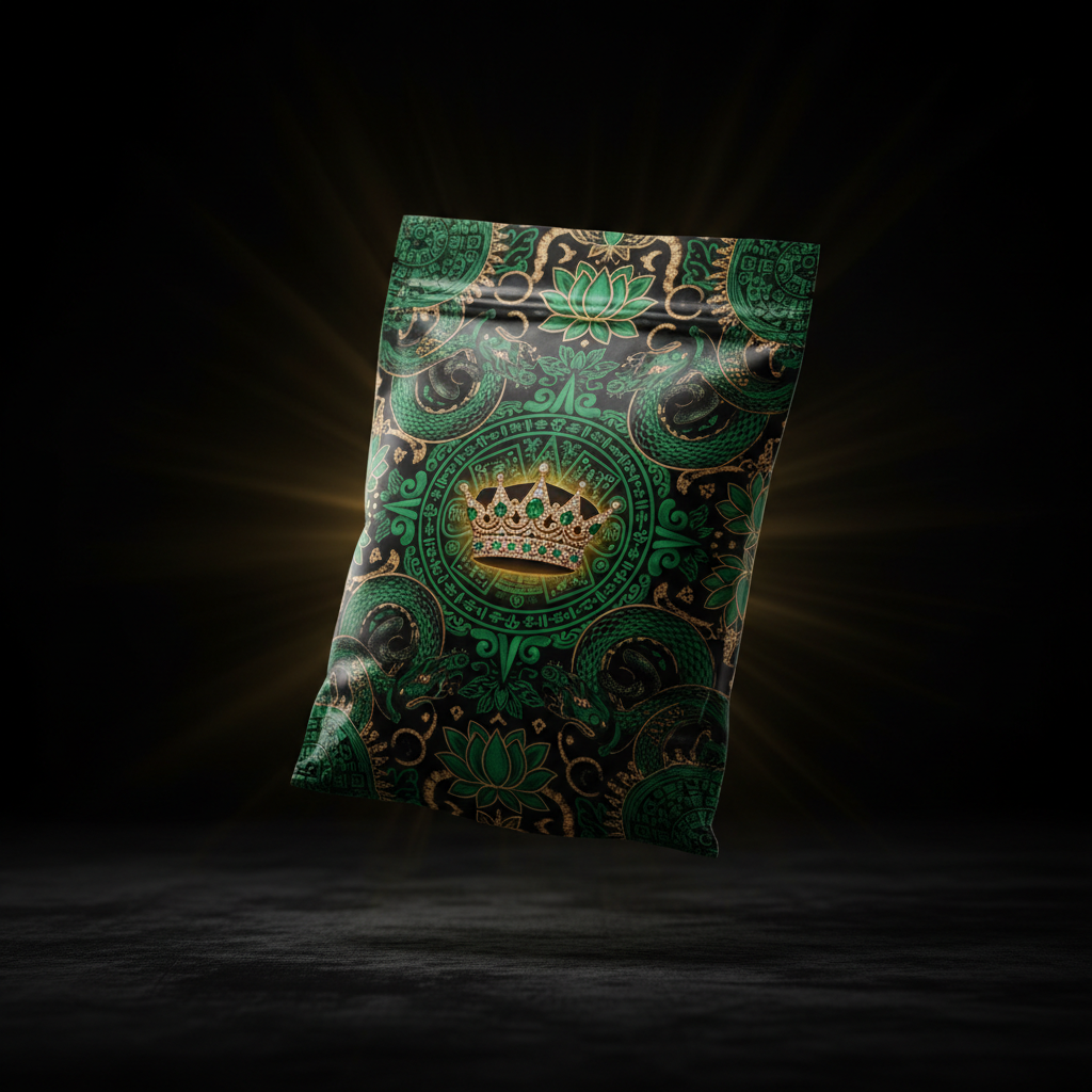 Floating Titan Puffed Amaranth pouch, black background, intricate emerald green and gold royal crown design.