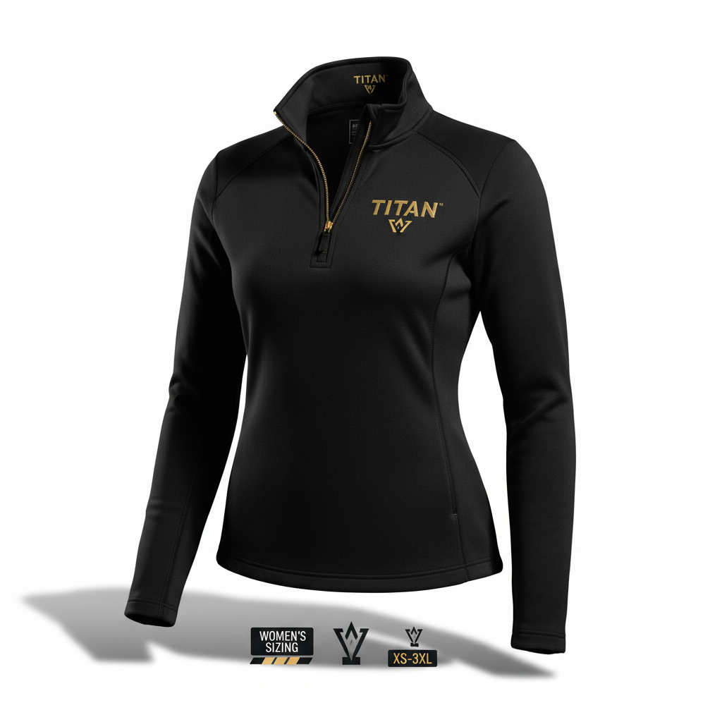Women’s black Titan quarter-zip pullover with gold zipper and gold Titan logo on the chest.