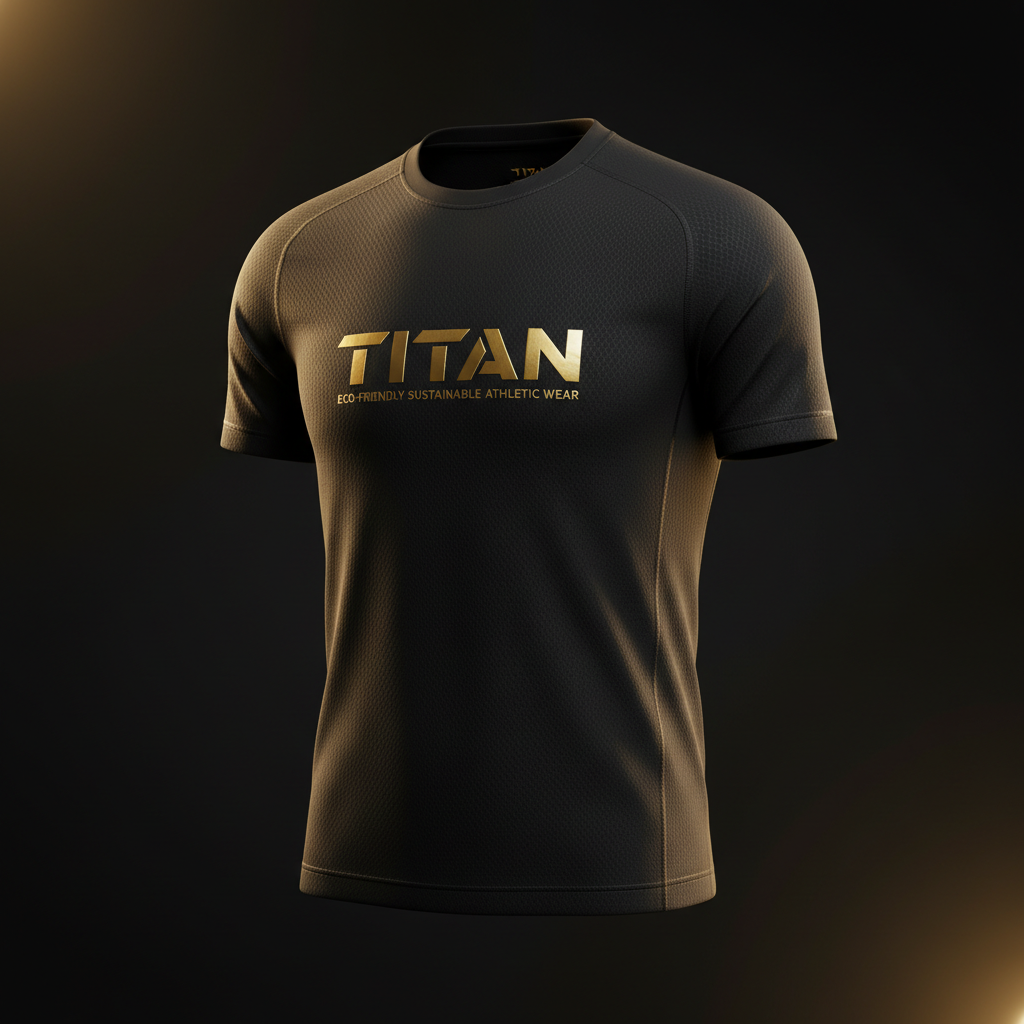 Charcoal grey, short-sleeve athletic jersey with gold "TITAN ECO-FRIENDLY SUSTAINABLE ATHLETIC WEAR" logo on chest.