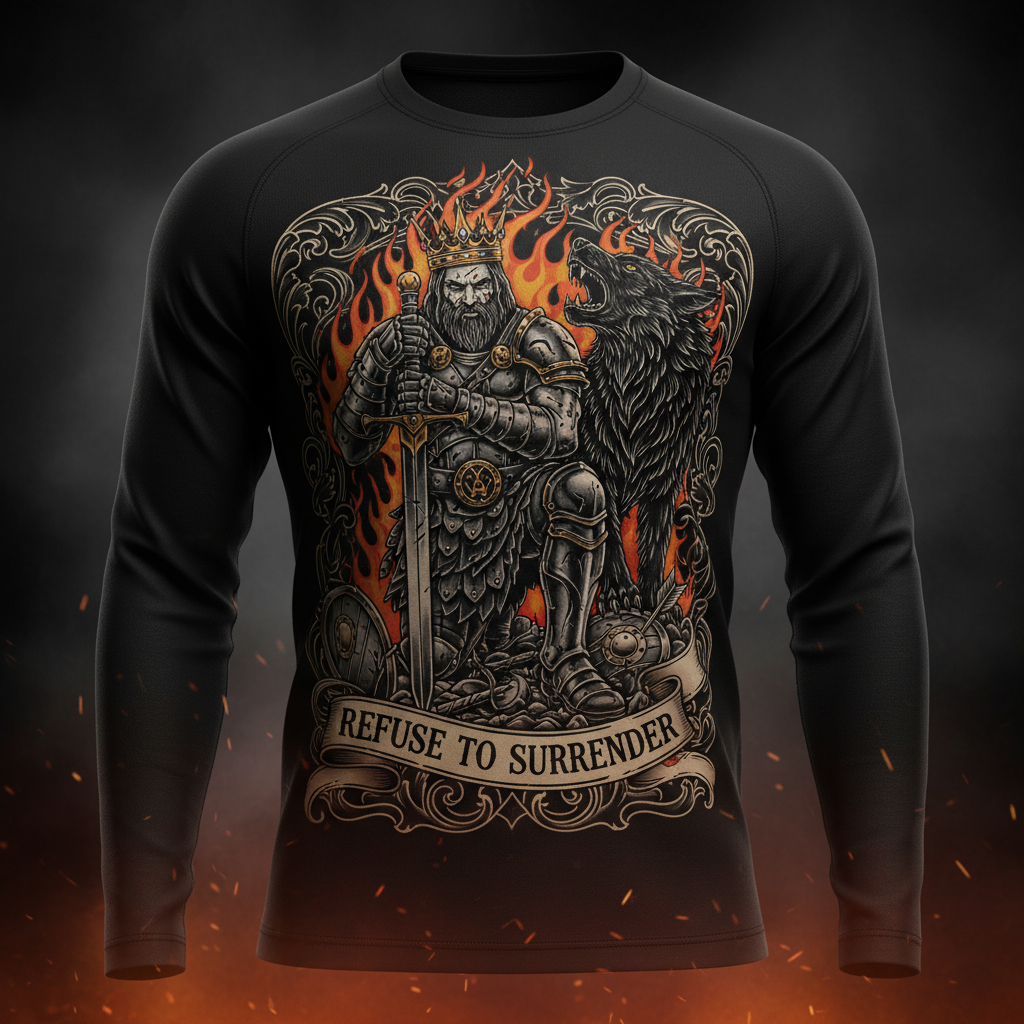 Black long-sleeve shirt featuring a king with a wolf, flames, and the motivational text "Refuse to Surrender."