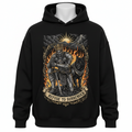 Black hoodie featuring a kneeling armored king, wolf, and fire graphic with the text "Refuse to Surrender."