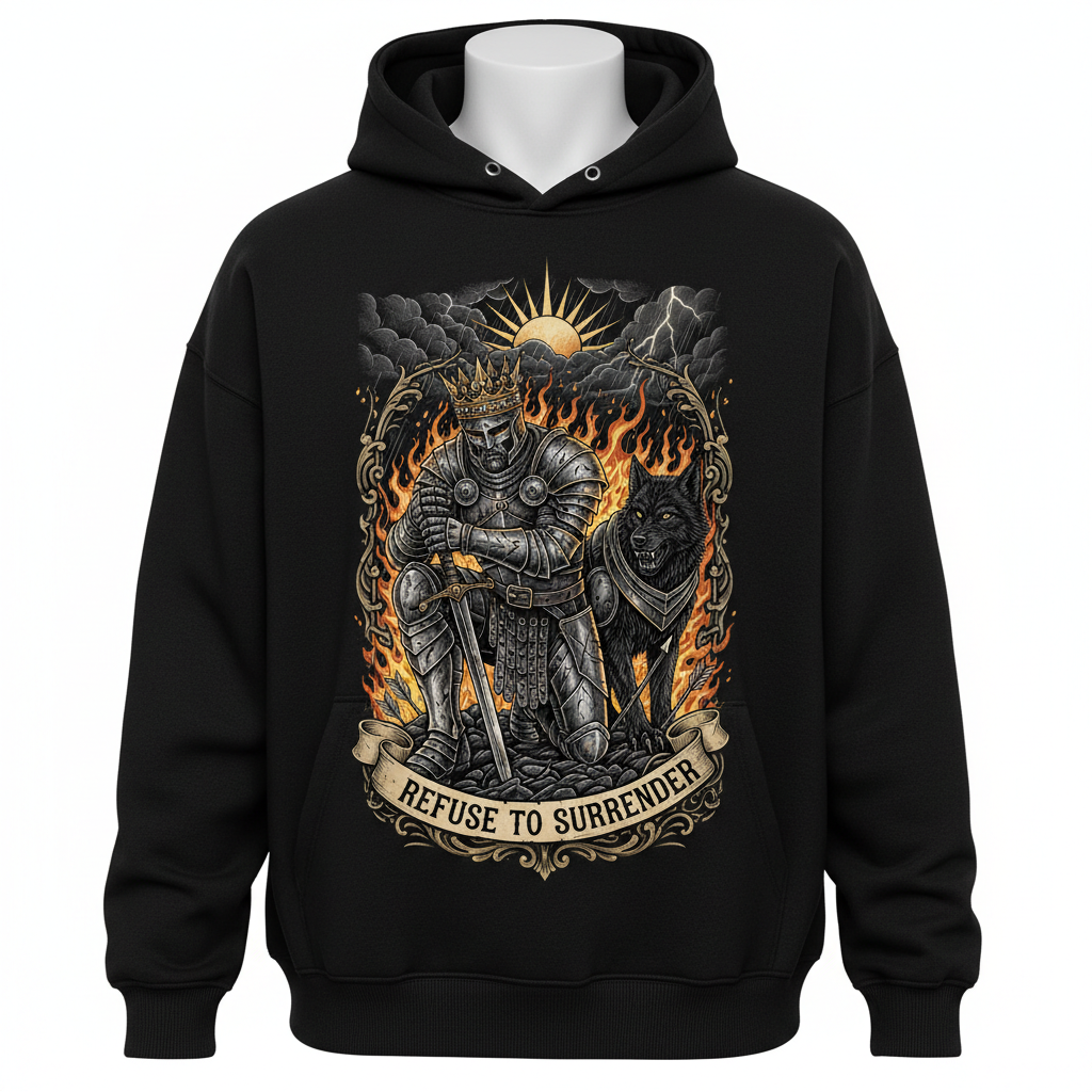 Black hoodie featuring a kneeling armored king, wolf, and fire graphic with the text "Refuse to Surrender."