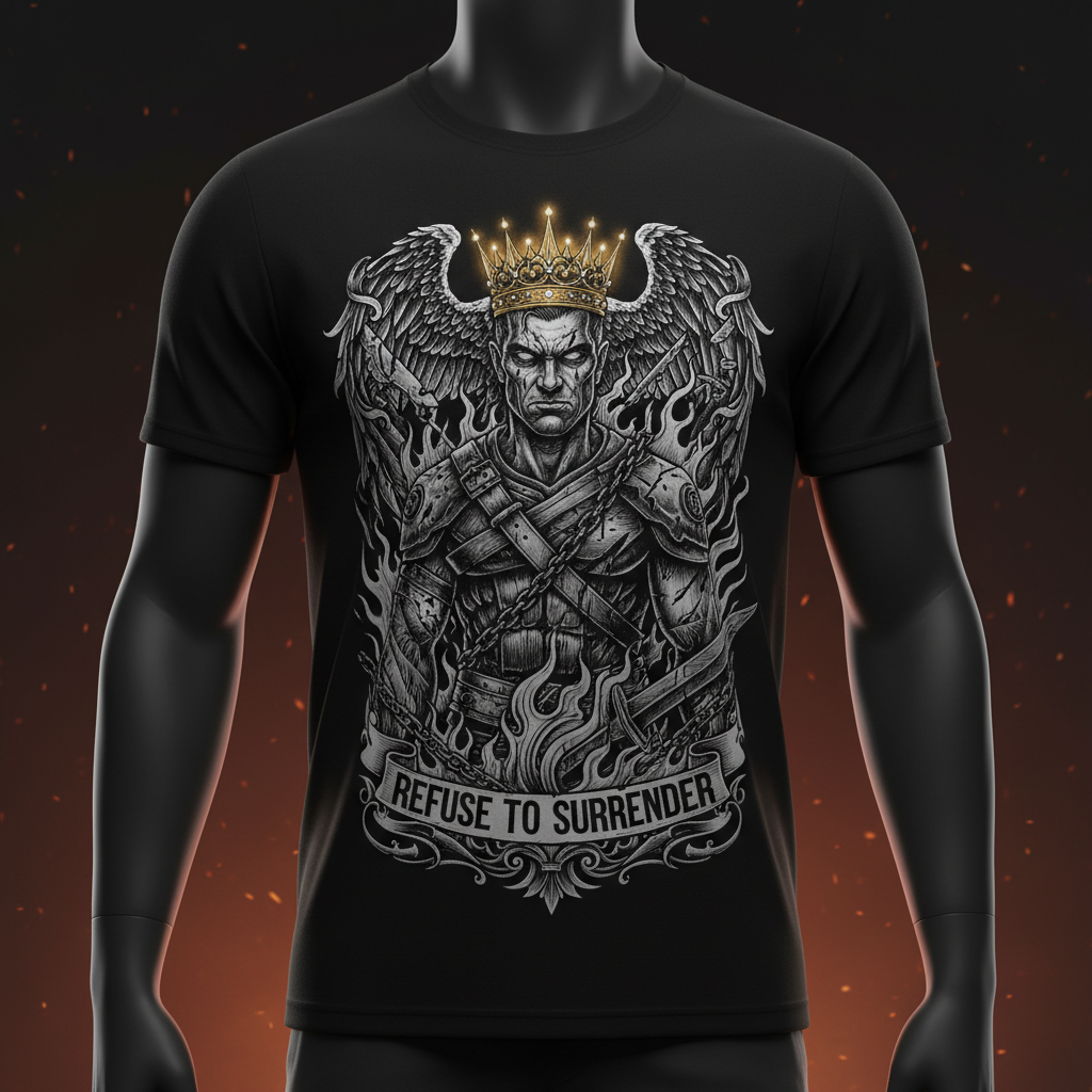 Black t-shirt featuring a winged, crowned warrior in flames with the motivational text "Refuse to Surrender."
