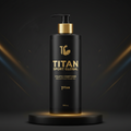 Black matte 500mL Titan Sport Global conditioner bottle with gold text, pump dispenser, on a lit pedestal.
