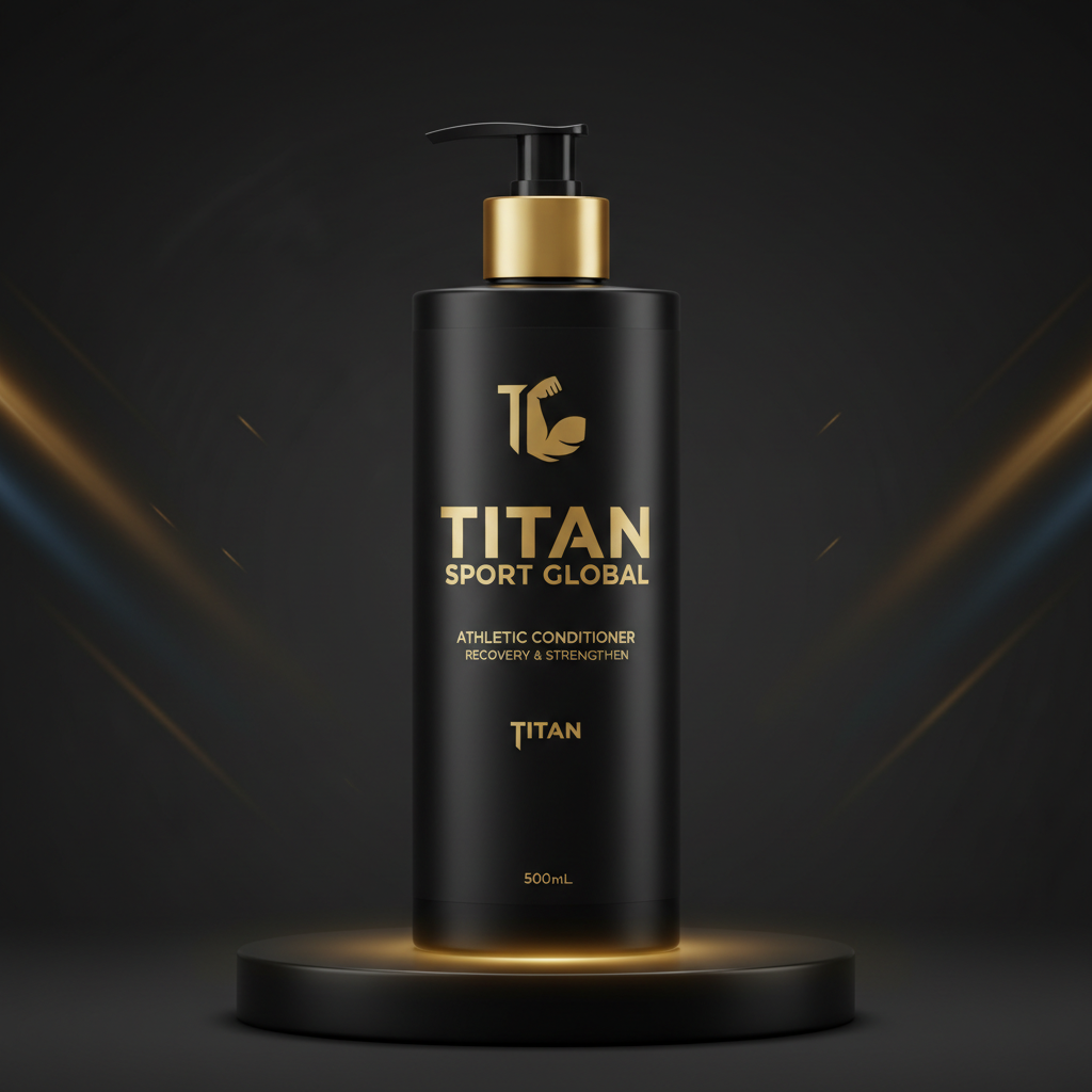 Black matte 500mL Titan Sport Global conditioner bottle with gold text, pump dispenser, on a lit pedestal.