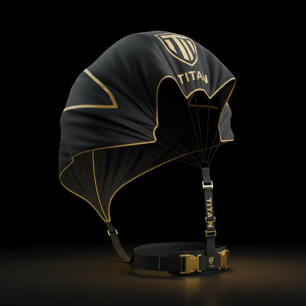Black Titan resistance parachute with gold trim, logo, and buckles on a black background.