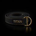 Black organic cotton yoga strap coiled with gold D-ring buckle and embroidered gold TITAN logo.