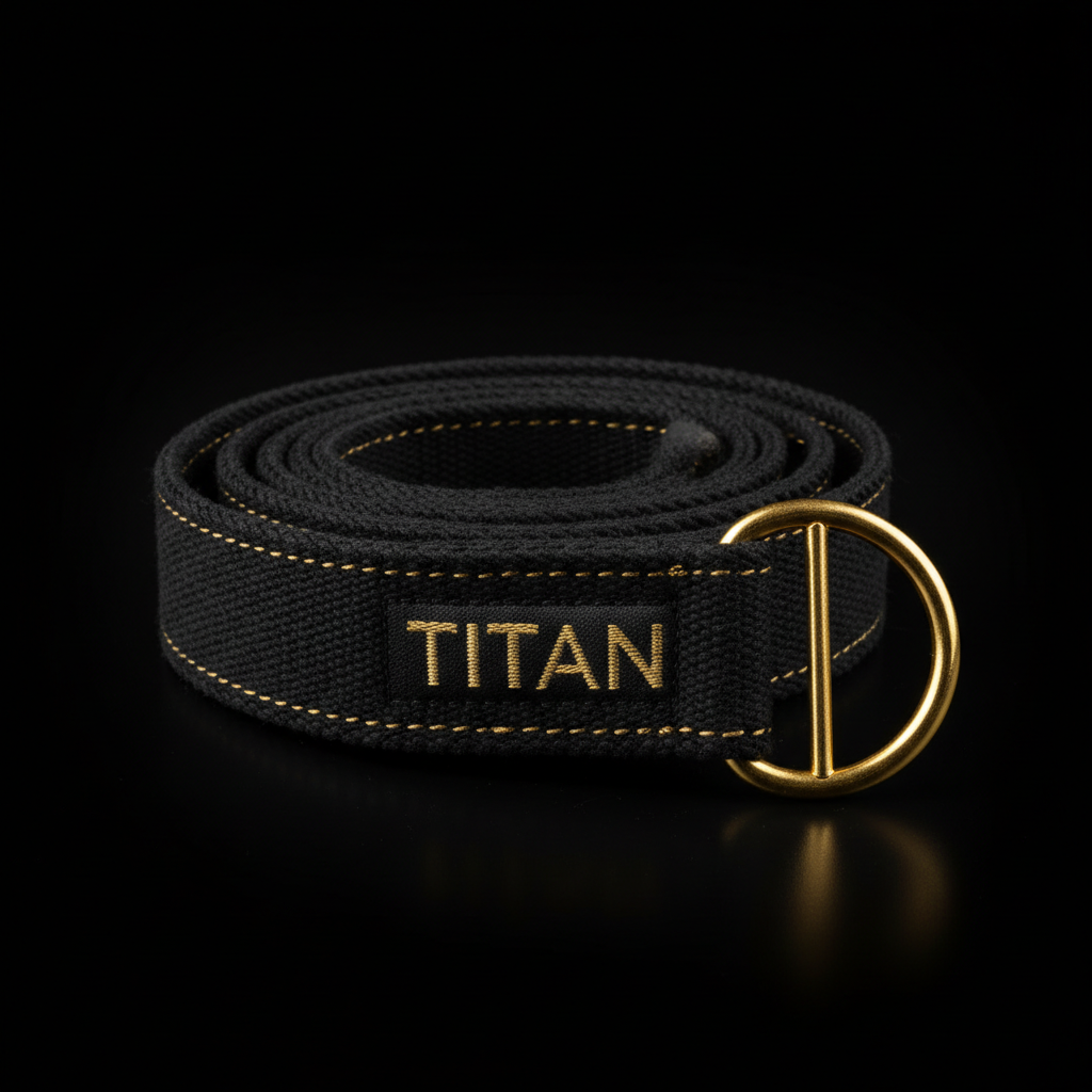 Black organic cotton yoga strap coiled with gold D-ring buckle and embroidered gold TITAN logo.