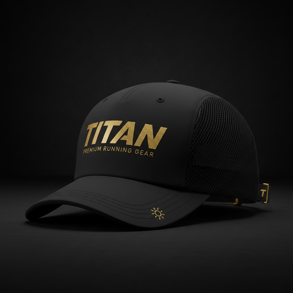 Black breathable running cap with gold TITAN logo, sun icon on the brim, and gold buckle on a black background.