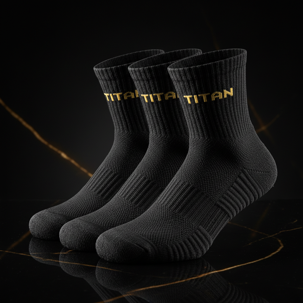 Three black TITAN performance running socks with gold-stitched branding on ribbed cuffs, set on a marble surface.
