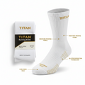TITAN white crew running socks 2-pack with gold text, moisture-wicking fabric, cushioned sole, and blister protection.