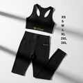 Black seamless racerback sports bra and high-waisted leggings set with gold TITAN logos and size chart list.