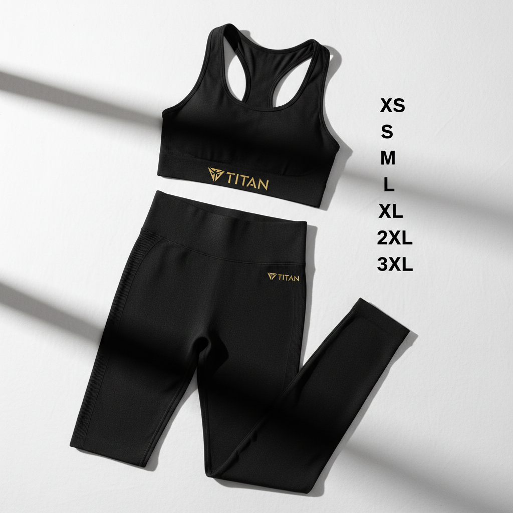 Black seamless racerback sports bra and high-waisted leggings set with gold TITAN logos and size chart list.