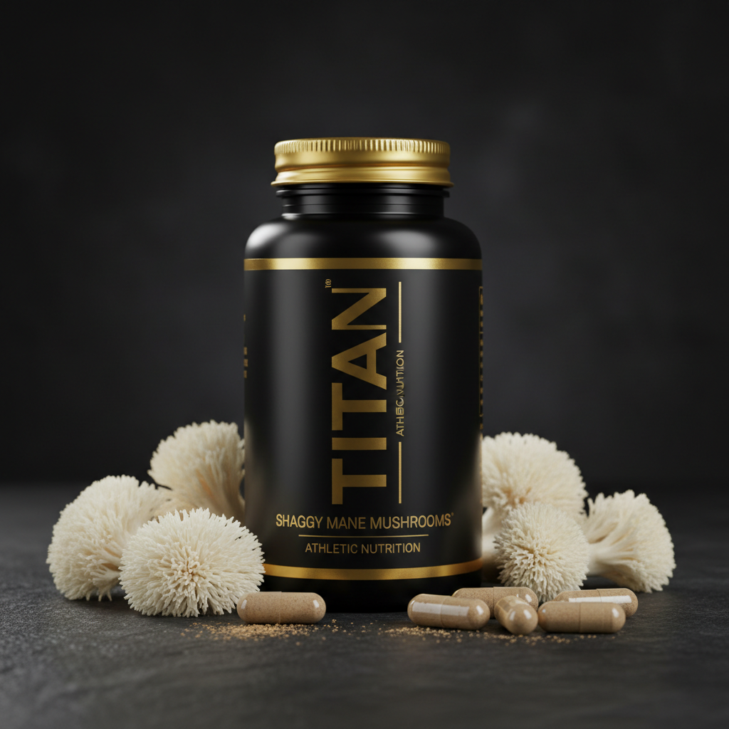 Black supplement bottle with gold label "TITAN Shaggy Mane Mushrooms," surrounded by shaggy mane mushrooms and capsules.