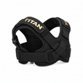 Black adjustable TITAN shoulder brace with gold branding on padded straps and secure Velcro closure.