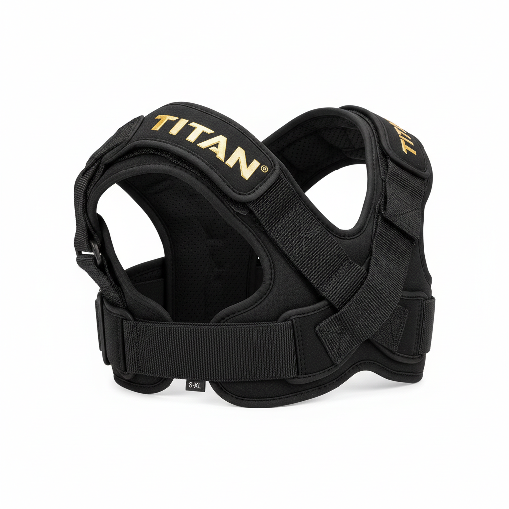 Black adjustable TITAN shoulder brace with gold branding on padded straps and secure Velcro closure.