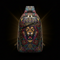 TITAN sling bag featuring a roaring lion with a crown, red roses, and geometric gold patterns on a black background.