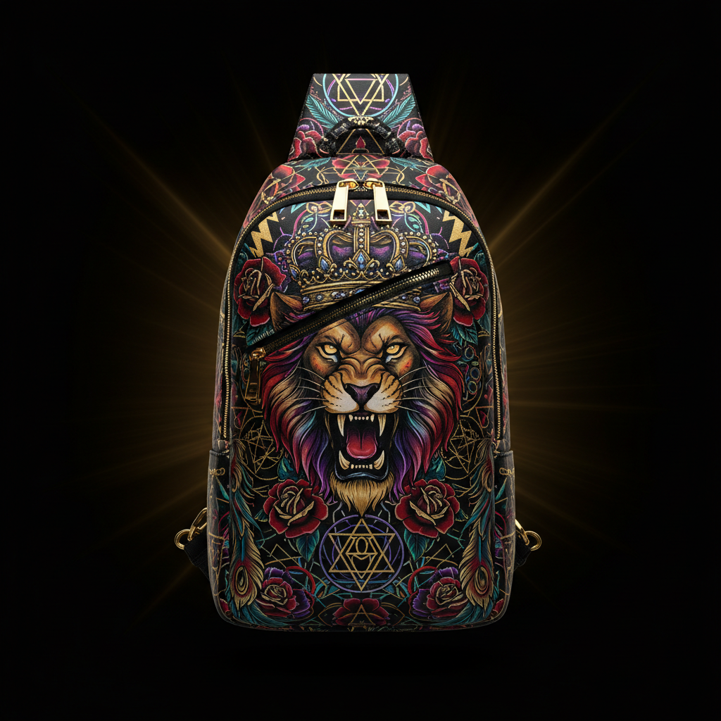 TITAN sling bag featuring a roaring lion with a crown, red roses, and geometric gold patterns on a black background.