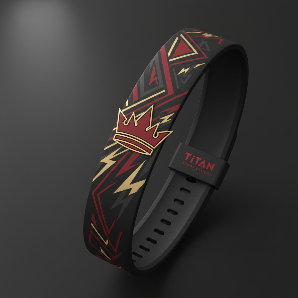 Black silicone watch band with red crown icon and gold geometric lightning patterns, featuring TITAN logo loop.