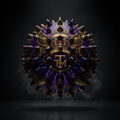 TITAN spiky massage ball with black, gold, and purple lightning design, ornate crown, and heraldic lion detailing.