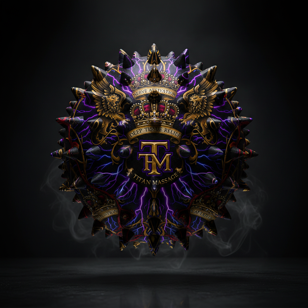 TITAN spiky massage ball with black, gold, and purple lightning design, ornate crown, and heraldic lion detailing.