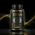 Black bottle of Titan Spirulina tablets with gold text, oval window showing dark green tablets, and gold dust effect.