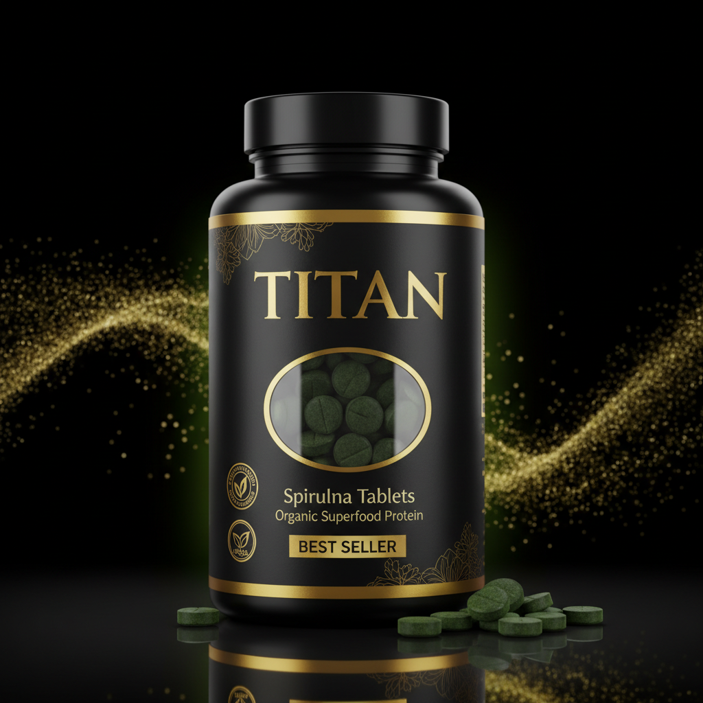 Black bottle of Titan Spirulina tablets with gold text, oval window showing dark green tablets, and gold dust effect.
