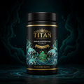 Black jar of Titan Spirulina tablets with gold text, crown logo, and teal ocean wave illustration on dark background.