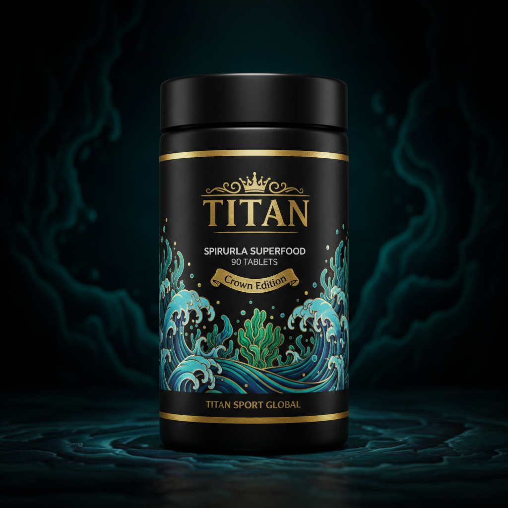 Black jar of Titan Spirulina tablets with gold text, crown logo, and teal ocean wave illustration on dark background.