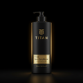 Matte black pump bottle for TITAN Sport Conditioner with gold metallic logo, label, and subtle rim lighting.